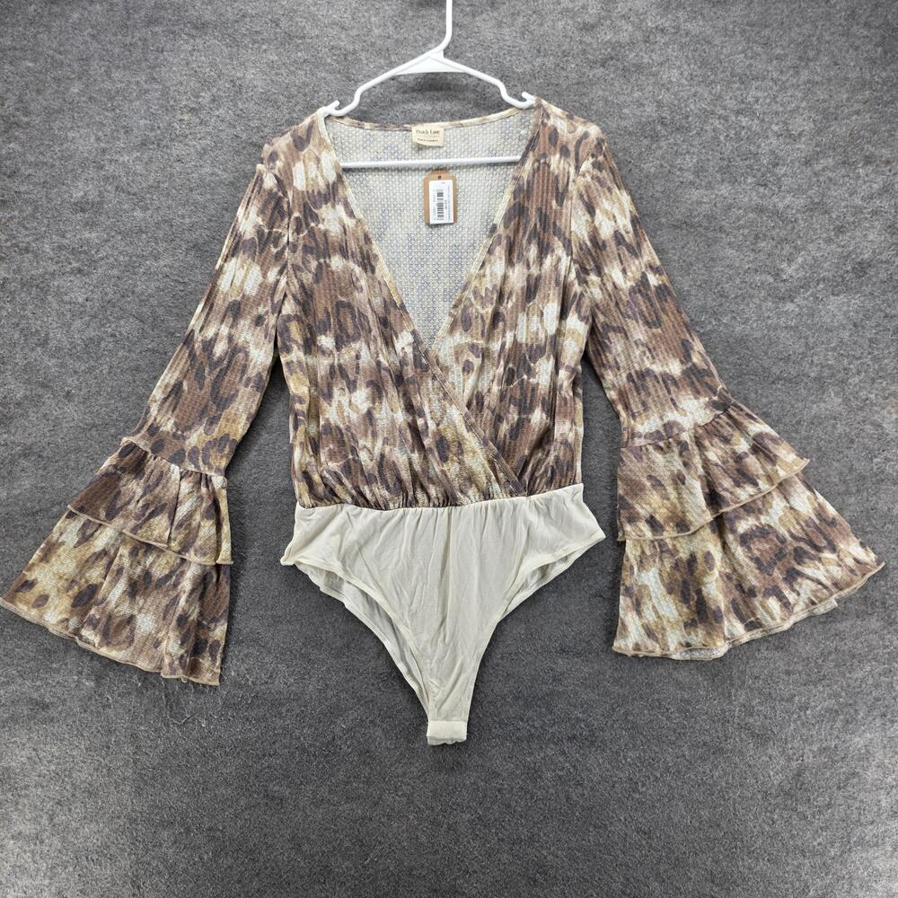 Peach Love Bodysuit Womens Large Brown Animal Print Bell Sleeve Knit Surplice